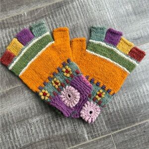 NEW Handmade Knit Fingerless Gloves – Floral + Colorful Design.